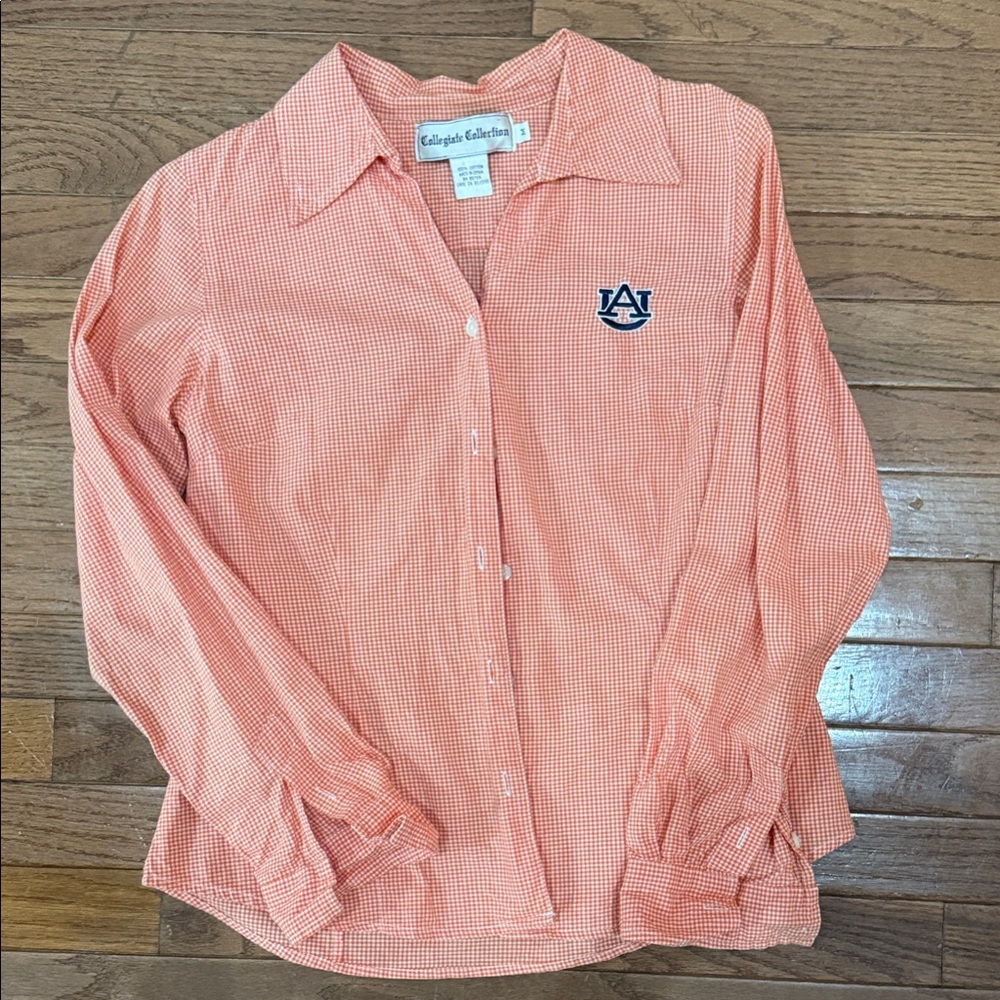 Women's Orange Gingham Button-Down Shirt with Auburn Logo